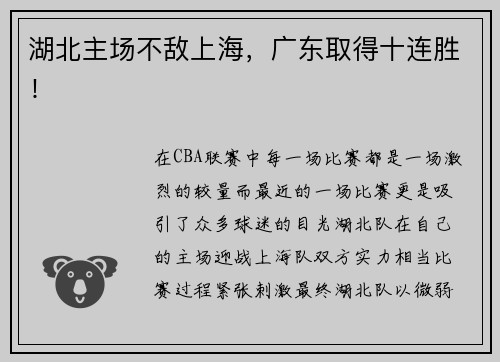 湖北主场不敌上海，广东取得十连胜！