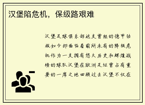 汉堡陷危机，保级路艰难
